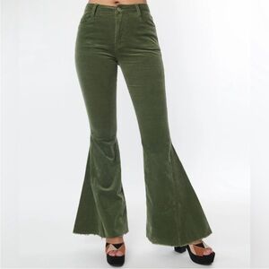 Saints & Hearts Mid-Rise Olive Green Corduroy Flared Jeans for Women